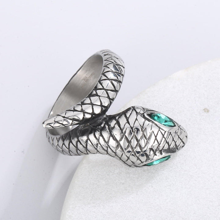 KALEN Vintage Made Old Stainless Steel Cast Emeralds Men's Snake Ring Party Gift.