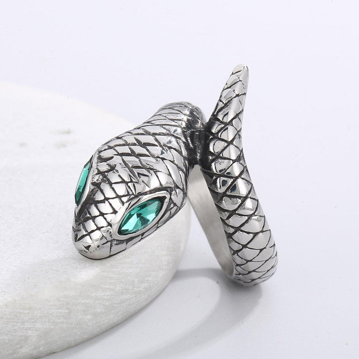 KALEN Vintage Made Old Stainless Steel Cast Emeralds Men's Snake Ring Party Gift.