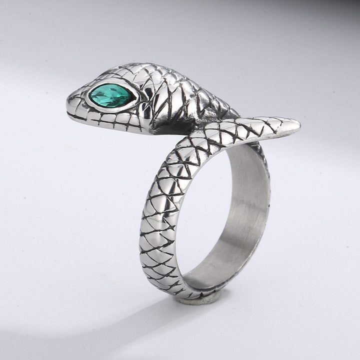 KALEN Vintage Made Old Stainless Steel Cast Emeralds Men's Snake Ring Party Gift.