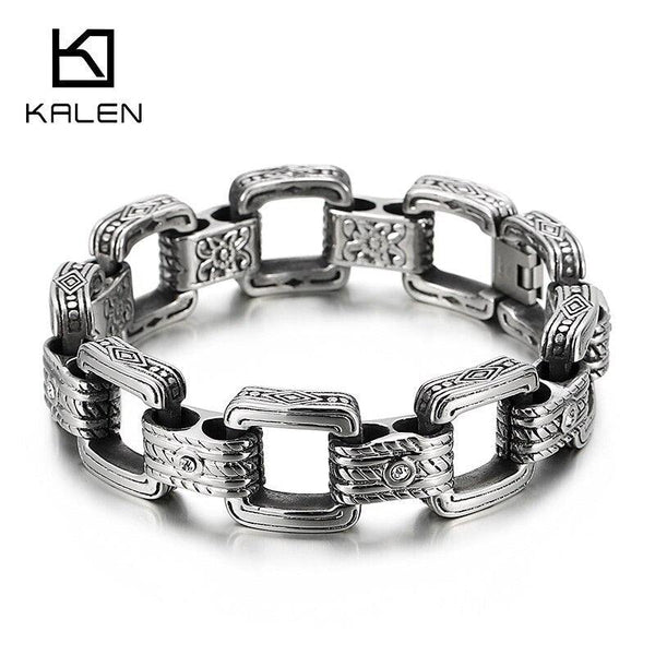 Kalen Vintage Square Chain Carved Mysterious Totem Men's Stainless Steel Charm Jewelry.