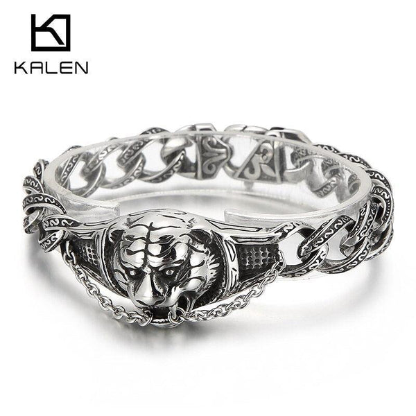 Kalen Vintage Tiger Bracelet Engraved Wristband Men's Stainless Steel Jewelry Charm Chain Punk Gothic Unique Accessories Gift.