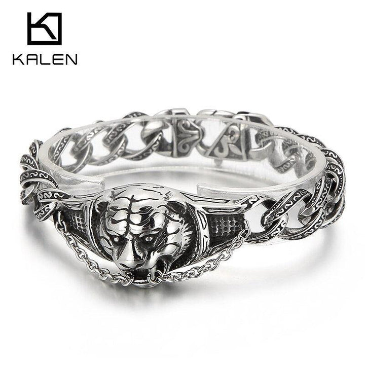 Kalen Vintage Tiger Bracelet Engraved Wristband Men's Stainless Steel Jewelry Charm Chain Punk Gothic Unique Accessories Gift.