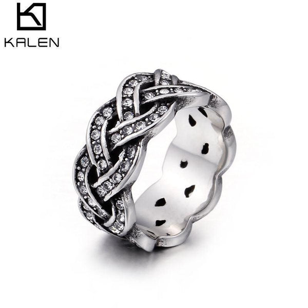 Kalen Vintage Weave Twist Ring for Women Silver Color Cross Stainless Steel Ring With Cubic Zirconia Party Jewelry.