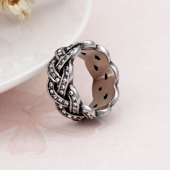 Kalen Vintage Weave Twist Ring for Women Silver Color Cross Stainless Steel Ring With Cubic Zirconia Party Jewelry.