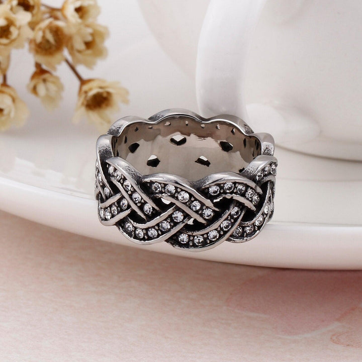 Kalen Vintage Weave Twist Ring for Women Silver Color Cross Stainless Steel Ring With Cubic Zirconia Party Jewelry.