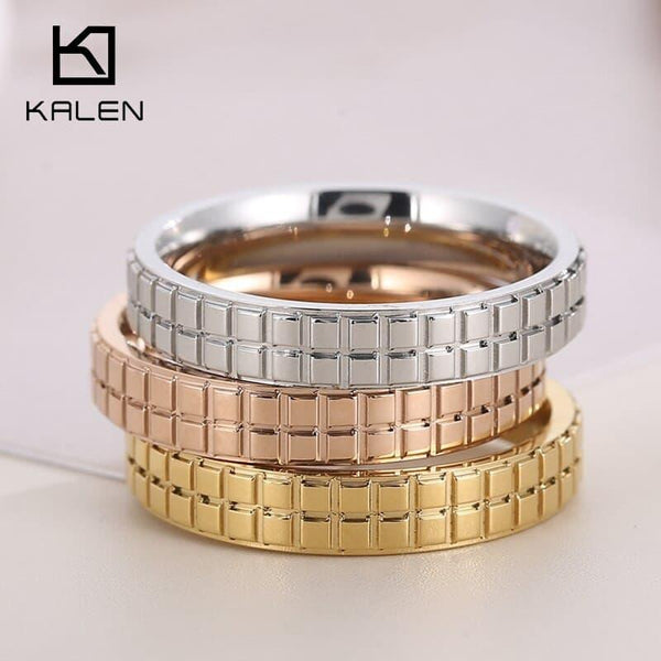 KALEN Waterproof Simple Jewelry Stainless Steel Ring Gold Plated Grid Bold Stacker Rings For Women Grils Metal Lattice Band Ring.