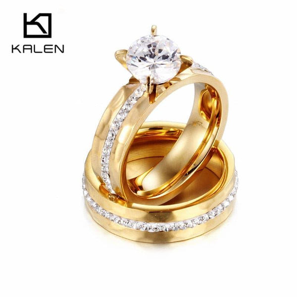 Kalen Wedding Rings Jewelry Stainless Steel Bulgaria Gold Color Couples Promise Rings Women Crystal Love Bang Engagement Rings.