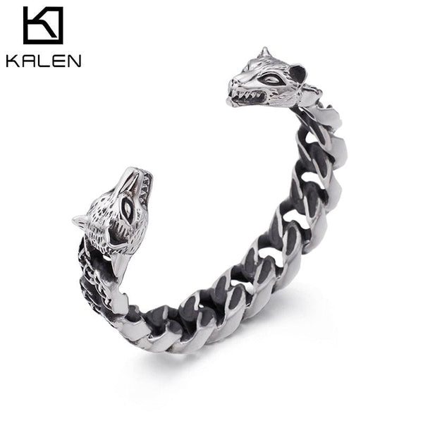 Kalen Wolf Animal Men's Open Bracelet Stainless Steel Cross Pattern Murder Bracelet Jewelry Accessories.