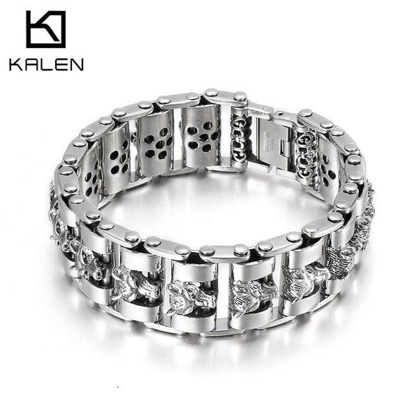 Kalen Trend Wolf Head Wide Bracelet Mechanical Chain High Quality Men's Stainless Steel Bracelets.