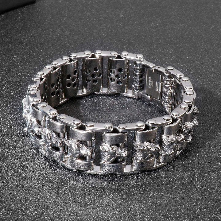 Kalen Trend Wolf Head Wide Bracelet Mechanical Chain High Quality Men's Stainless Steel Bracelets.