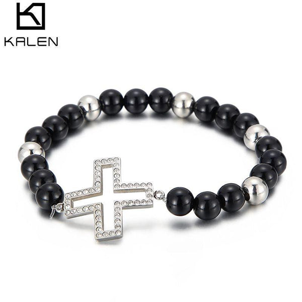 Kalen Women Glue Beads Cross Bracelets Meditation Prayer Bead Bracelet Women Stainless Steel Yoga Jewelry.