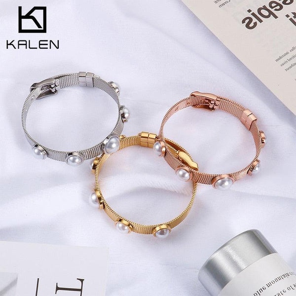 KALEN Women's Fashionable Shell Beads Design Elegant Stainless Steel Charm Strap Buckle Bracelets Gift For Female.
