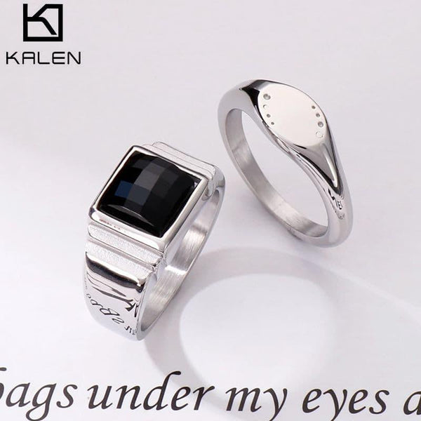 KALEN Women Smooth Black Crystal Square Ring Stainless Steel Cubic Zircon Ring For Women Party Girl Wedding Jewelry.