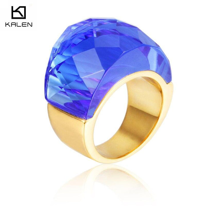 Kalen Women Stainless Steel Gold Color Rings Champagne Glass Cut Stone 6MM Width Finger Rings Fit Formal Party Accessories.