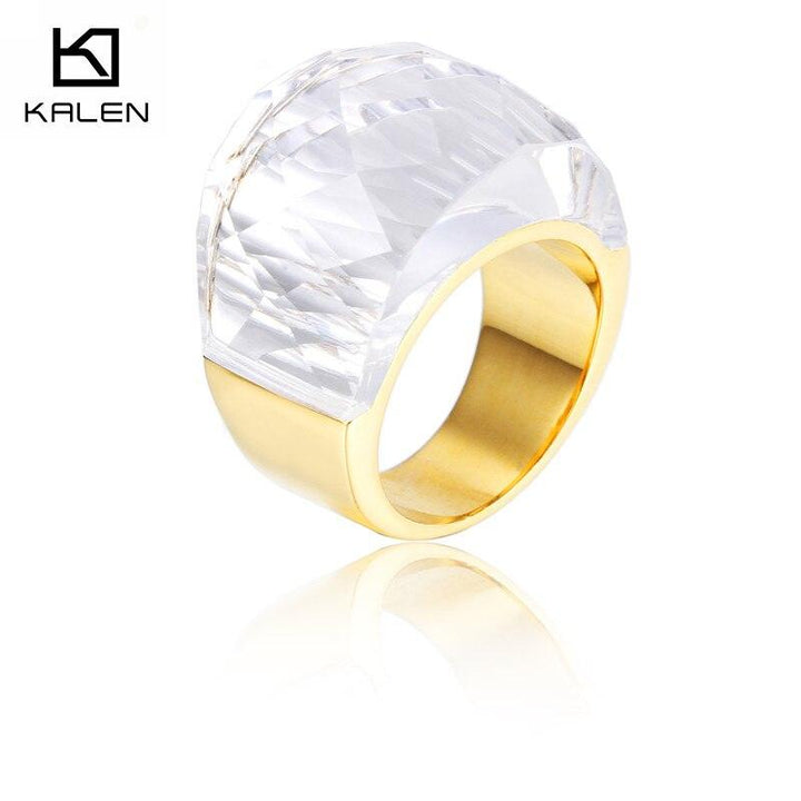 Kalen Women Stainless Steel Gold Color Rings Champagne Glass Cut Stone 6MM Width Finger Rings Fit Formal Party Accessories.