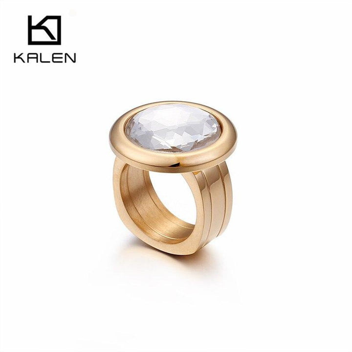 Kalen Women Stainless Steel Gold Color Rings Champagne Glass Cut Stone 6MM Width Finger Rings Fit Formal Party Accessories.