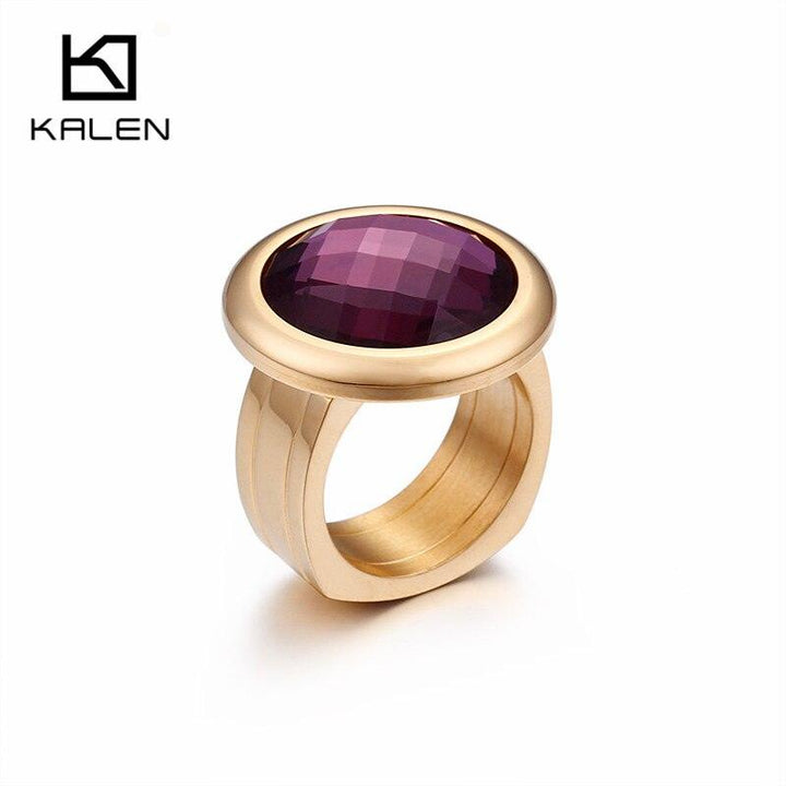 Kalen Women Stainless Steel Gold Color Rings Champagne Glass Cut Stone 6MM Width Finger Rings Fit Formal Party Accessories.