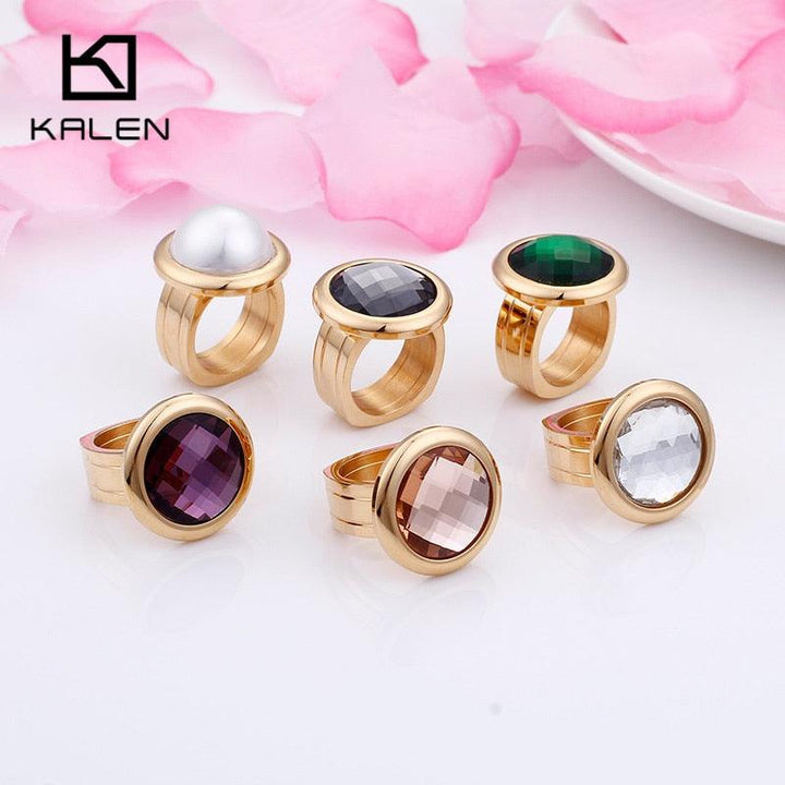 Kalen Women Stainless Steel Gold Color Rings Champagne Glass Cut Stone 6MM Width Finger Rings Fit Formal Party Accessories.