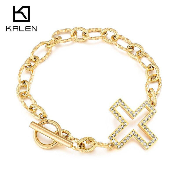 KALEN Zircon Cross Bracelet Strand Twist Chain With Cross Charms Bracelet for Women Stainless Steel OT Clasp Closure.