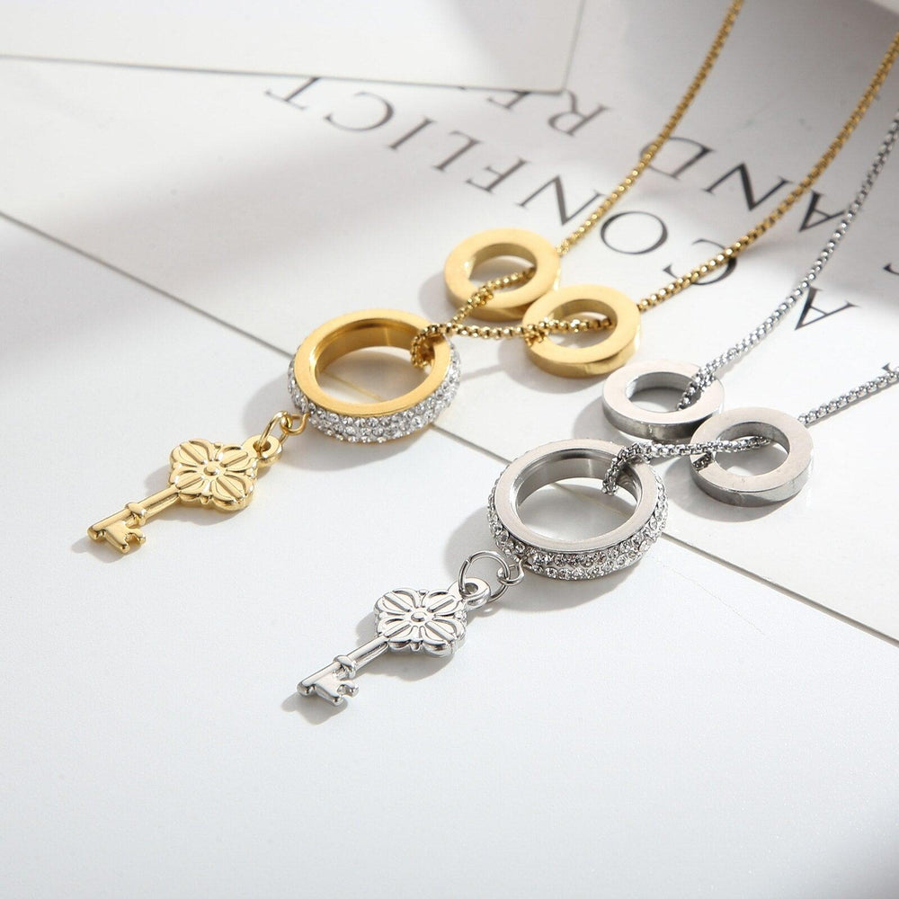 KALEN Key Pendant Necklace Gold Silver Color Circle Ring Zircon Long Necklace Stainless Steel Jewelry For Women Gifts.