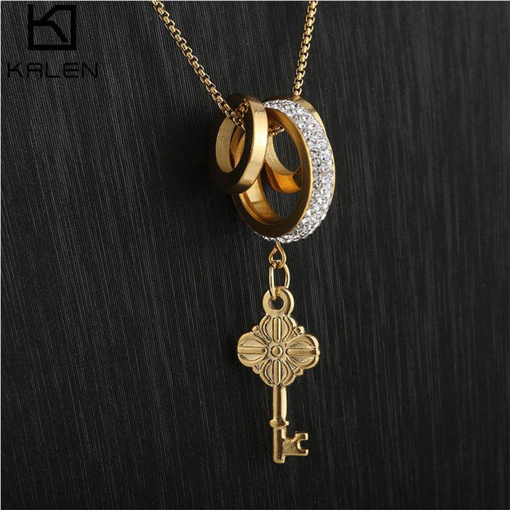 KALEN Key Pendant Necklace Gold Silver Color Circle Ring Zircon Long Necklace Stainless Steel Jewelry For Women Gifts.