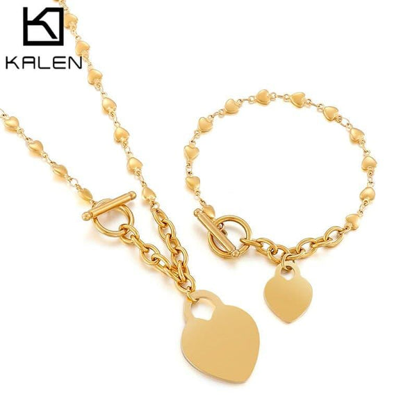 KALEN Love Heart Jewelry Set Necklace Ladies Clavicle Necklace Golden Peach Heart Pendant Necklace Bracelet Set Ornament.