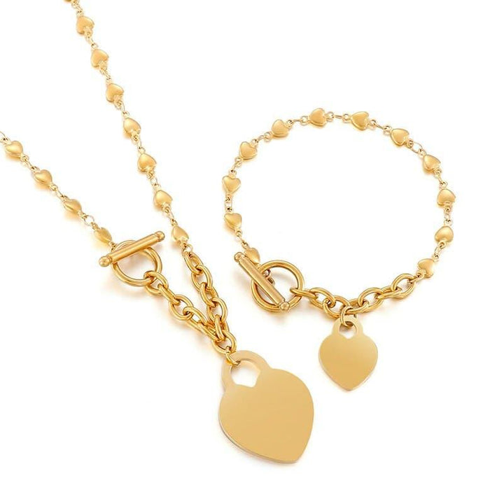 KALEN Love Heart Jewelry Set Necklace Ladies Clavicle Necklace Golden Peach Heart Pendant Necklace Bracelet Set Ornament.