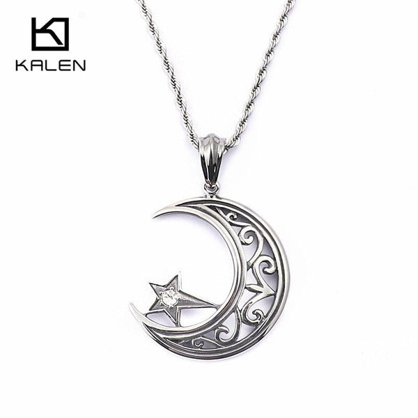 KALEN Fashion Stainless Steel Moon &amp; Star Pendant Necklaces For Men Religious Turkish Style Color Necklace Male Jewelry.