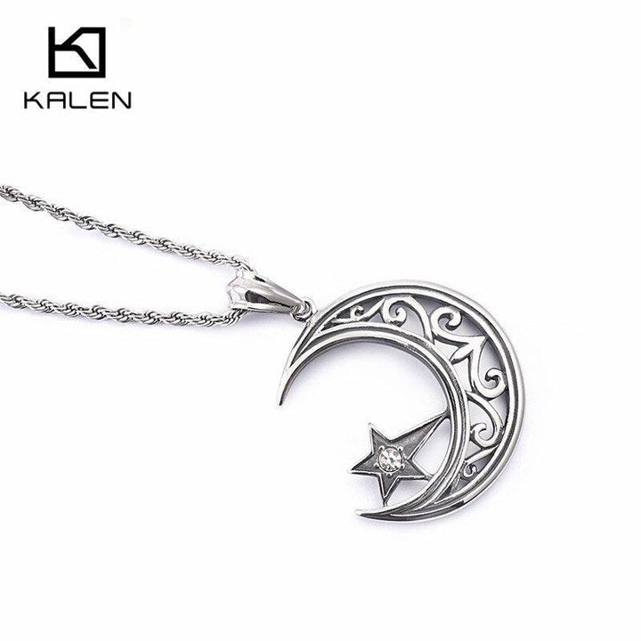 KALEN Fashion Stainless Steel Moon &amp; Star Pendant Necklaces For Men Religious Turkish Style Color Necklace Male Jewelry.