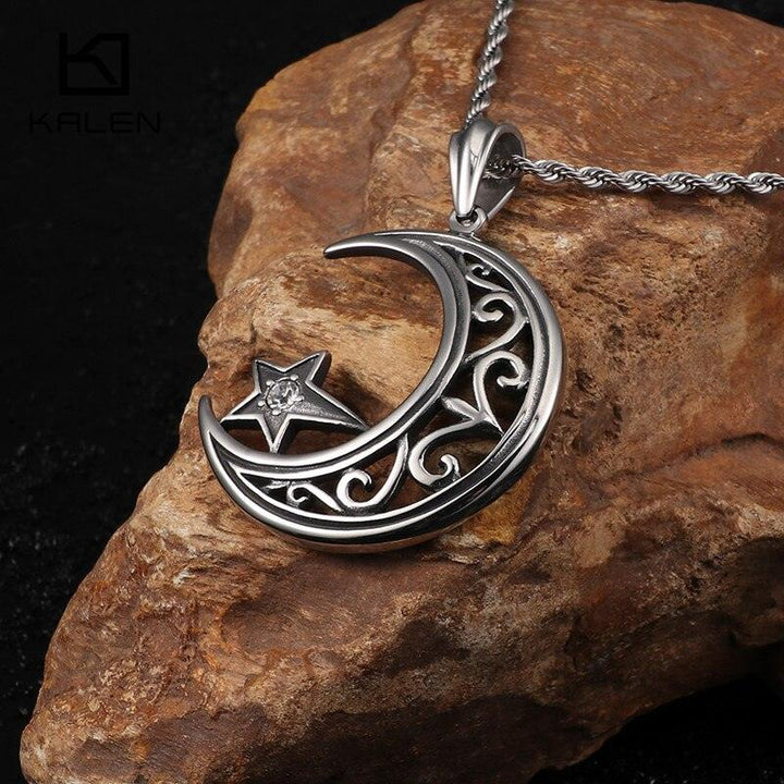 KALEN Fashion Stainless Steel Moon &amp; Star Pendant Necklaces For Men Religious Turkish Style Color Necklace Male Jewelry.