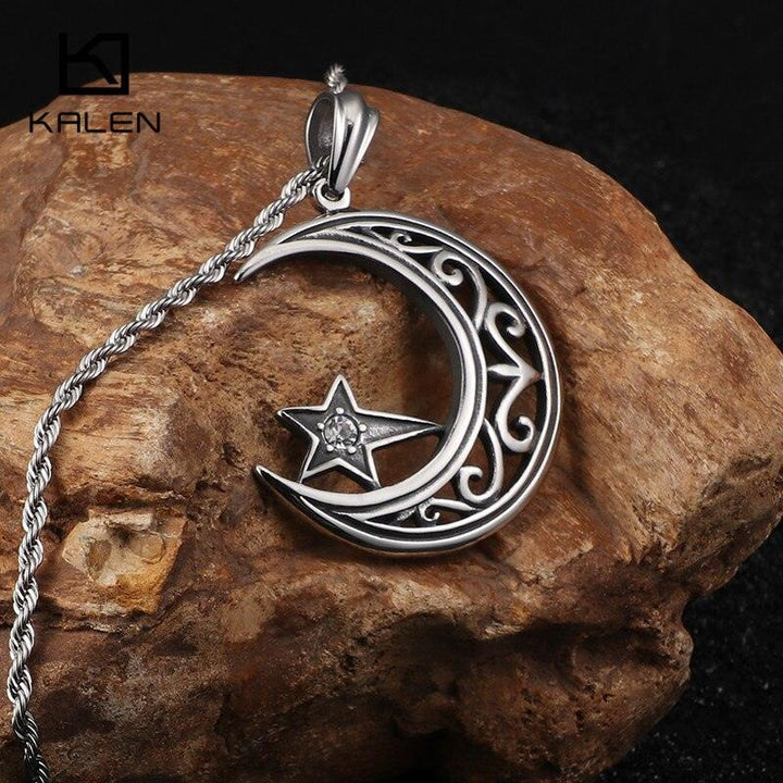 KALEN Fashion Stainless Steel Moon &amp; Star Pendant Necklaces For Men Religious Turkish Style Color Necklace Male Jewelry.