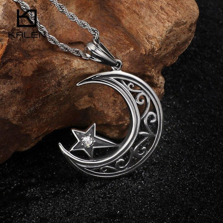 KALEN Fashion Stainless Steel Moon &amp; Star Pendant Necklaces For Men Religious Turkish Style Color Necklace Male Jewelry.