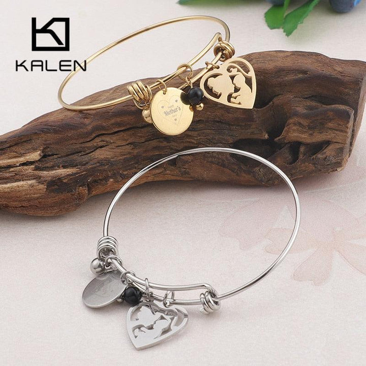 KALEN Gold Color Stainless Steel Mother&amp;Child Pendant Bracelet &amp; Bangle For Women Heart Charm Wrist Jewelry Mom's Birthday Gifts.