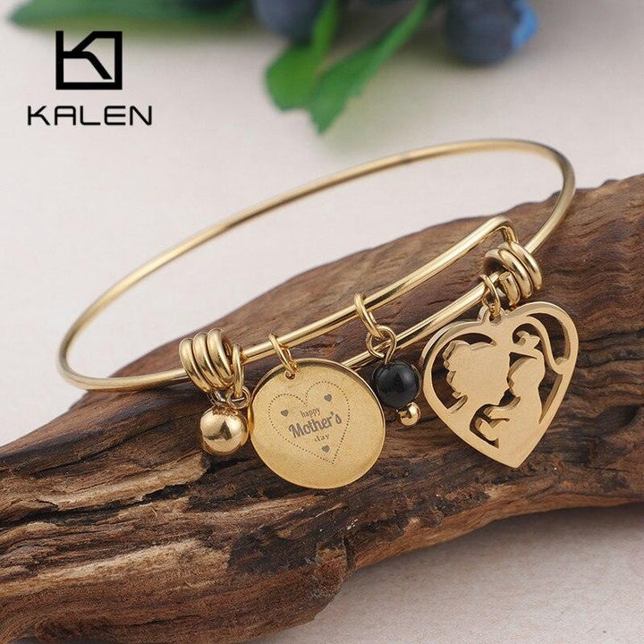 KALEN Gold Color Stainless Steel Mother&amp;Child Pendant Bracelet &amp; Bangle For Women Heart Charm Wrist Jewelry Mom's Birthday Gifts.