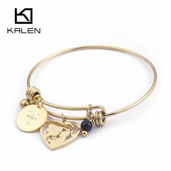 KALEN Gold Color Stainless Steel Mother&amp;Child Pendant Bracelet &amp; Bangle For Women Heart Charm Wrist Jewelry Mom's Birthday Gifts.