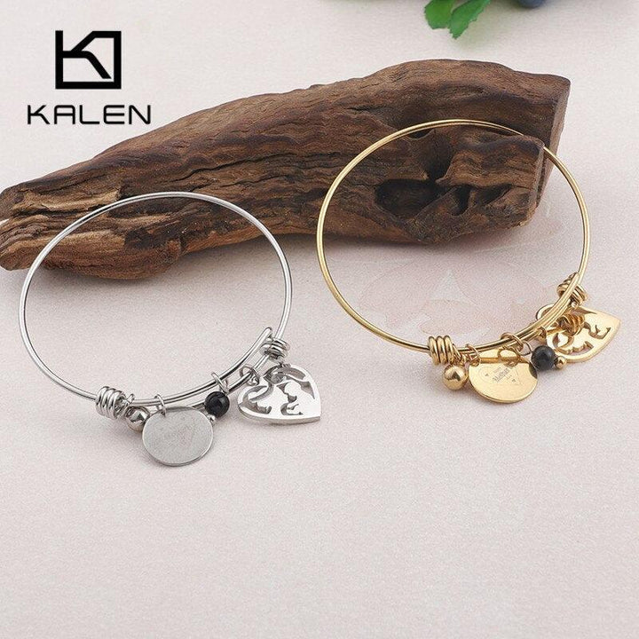 KALEN Gold Color Stainless Steel Mother&amp;Child Pendant Bracelet &amp; Bangle For Women Heart Charm Wrist Jewelry Mom's Birthday Gifts.