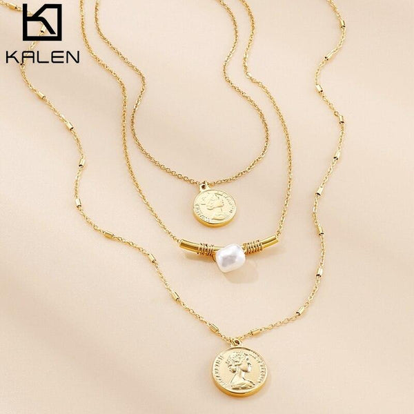 KALEN Gold Portrait Coin Pendant Necklace For Women Cuban Multilayered Stainless Steel Chain Choker For Girls Gift.