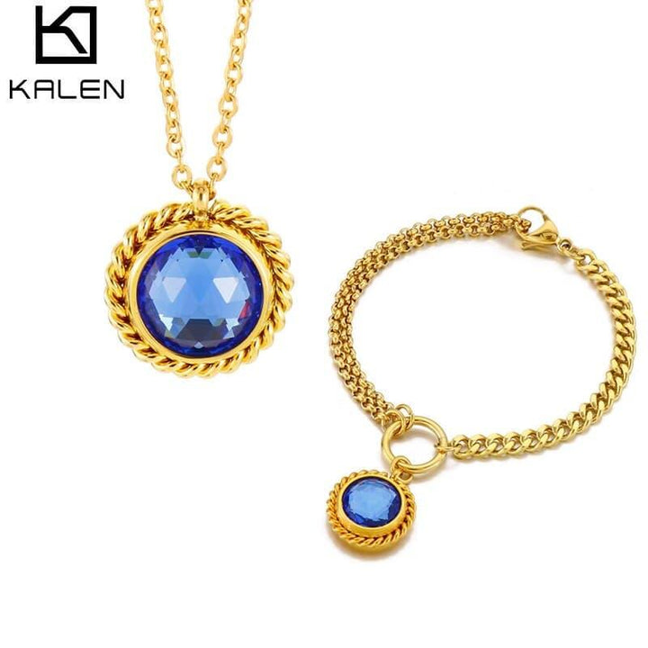 Kalen Vintage Twisted Rope Cubic Zirconia Pendant Necklace Bracelet Set Gold Plated Stainless Steel Jewelry Set for Women.