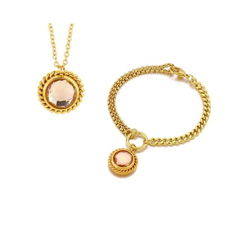 Kalen Vintage Twisted Rope Cubic Zirconia Pendant Necklace Bracelet Set Gold Plated Stainless Steel Jewelry Set for Women.