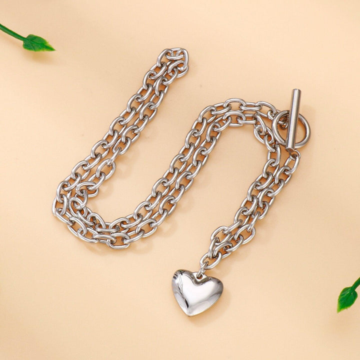 Kalen Lokaer Bohemia Design O Chain Layer Heart Pendant Charm Necklaces For Women Stainless Steel Chain Choker Necklace.