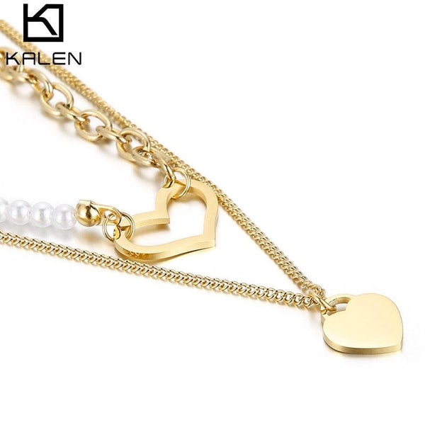 KALEN New Heart-shaped Design Pearl Retro Titanium Steel O Chain Choker Fashion Bohemia Three Layer Chain Necklace For Women.