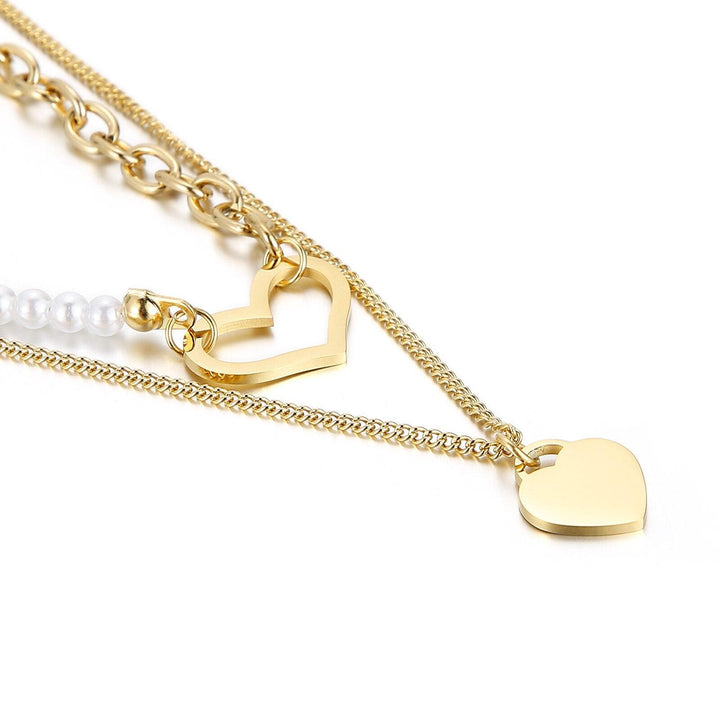 KALEN New Heart-shaped Design Pearl Retro Titanium Steel O Chain Choker Fashion Bohemia Three Layer Chain Necklace For Women.