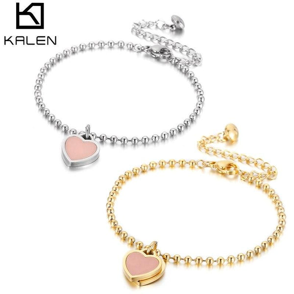 KALEN New Women Party Jewelry Pink Heart Pendant Rose Gold Color Stainless Steel Bracelet Bead Chain Women Bracelets Bangles.