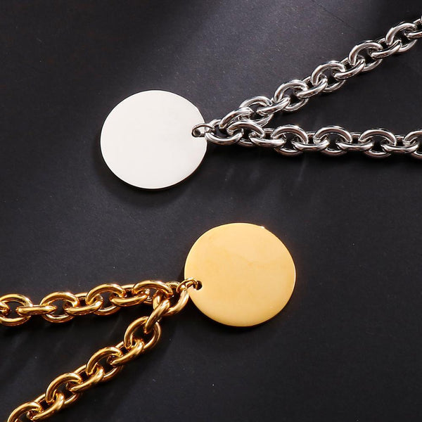 Kalen Cuban Chain Round Plate Engravable Pendant Simple Men's Stainless Steel Necklace Jewelry.