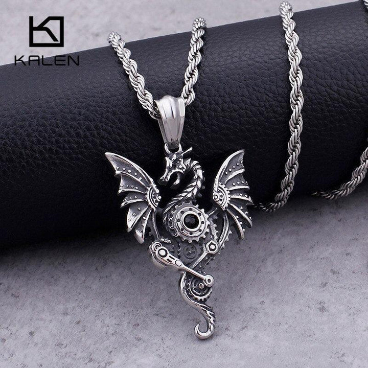 KALEN Unique Stainless Steel Pterosaur Pendant Necklace Men Women Hip Hop Machine Dragon With Wings Chain Necklace Jewelry.