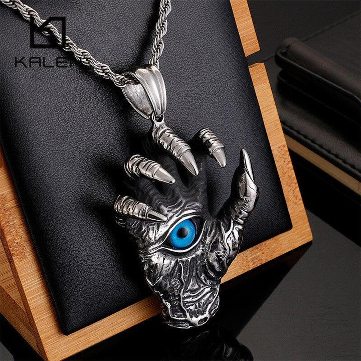 KALEN Punk Stainless Steel Skull Hand Pendant Necklace For Men Heavy Giant Ghost Claw Charm Chain Choker Homme Gothic Jewelry.