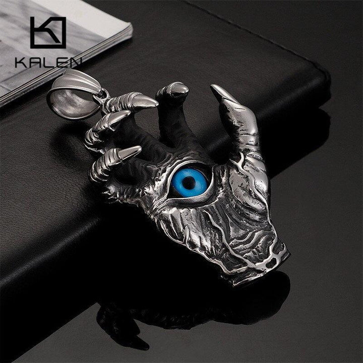 KALEN Punk Stainless Steel Skull Hand Pendant Necklace For Men Heavy Giant Ghost Claw Charm Chain Choker Homme Gothic Jewelry.