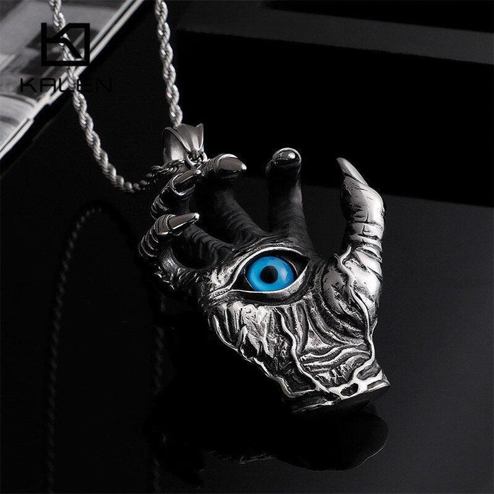 KALEN Punk Stainless Steel Skull Hand Pendant Necklace For Men Heavy Giant Ghost Claw Charm Chain Choker Homme Gothic Jewelry.