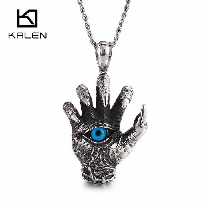 KALEN Punk Stainless Steel Skull Hand Pendant Necklace For Men Heavy Giant Ghost Claw Charm Chain Choker Homme Gothic Jewelry.