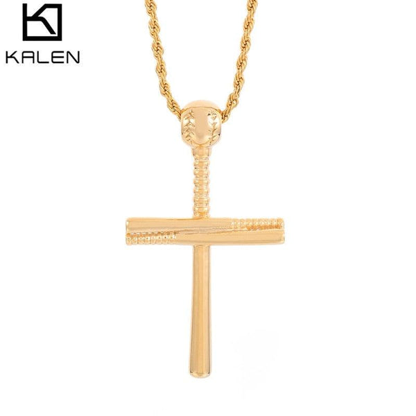 KALEN New Fashion Sports Baseball Bat Religious Cross Pendant Necklace For Women And Men Punk Polishing Stainless Steel Jewelry.